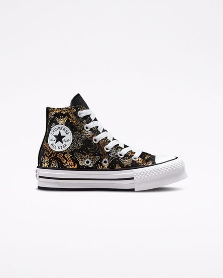 Girls' Converse Chuck Taylor All Star EVA Lift Butterfly Shine High Top Platform Shoes Black / Gold / White | AU C0935T